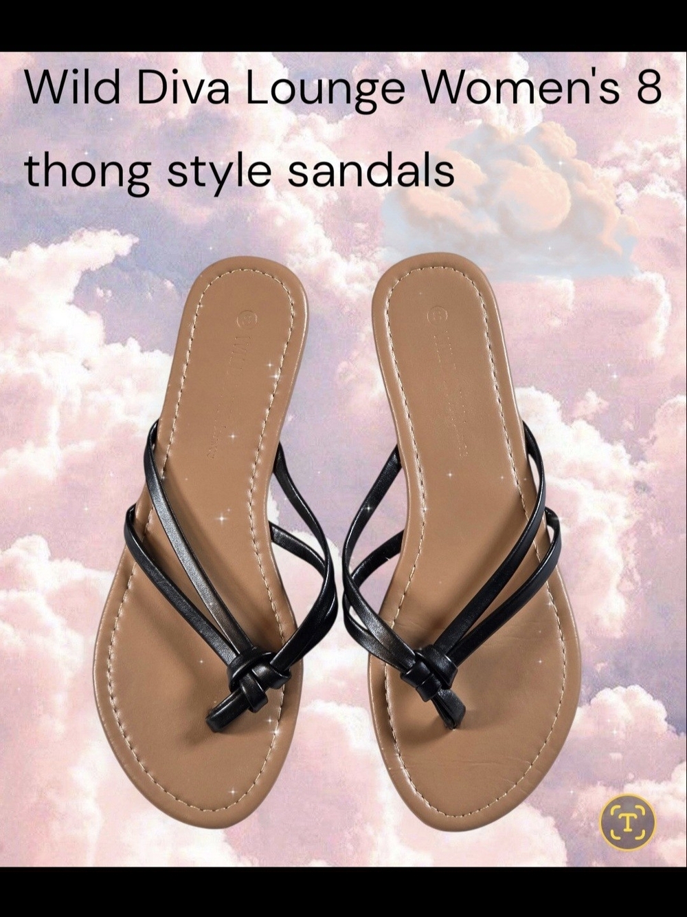 DIVA Lounge Womens 8 Black Strappy Thong Sandals with Tan Footbed